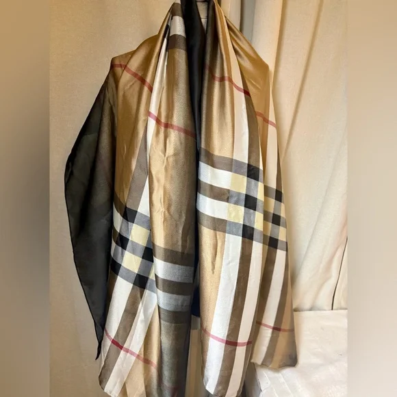 Tartan Plaid 100% Silk Heritage Check Scarf Wrap Neutral Camel/Black Equestrian - Picture 7 of 9